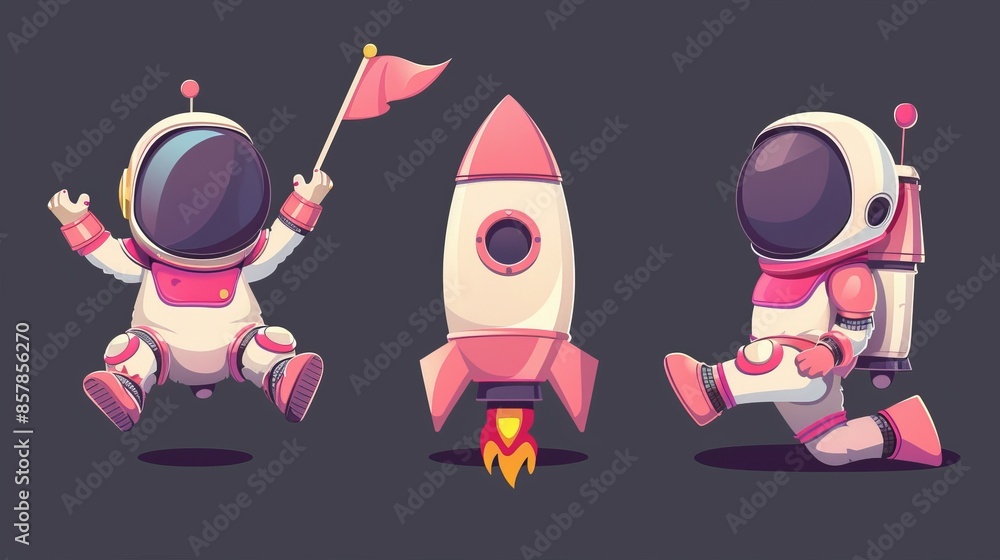 Poster isolated cartoon astronaut character set on black background. modern illustration of a cute cosmonau
