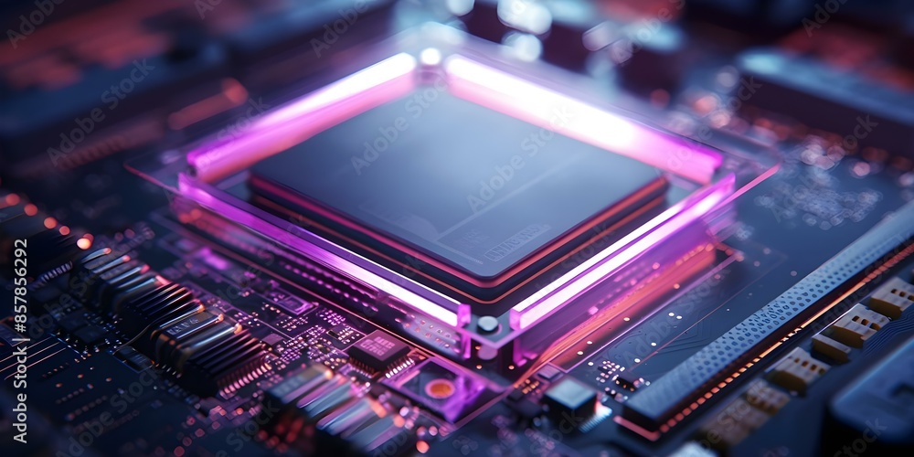 Poster closeup macro photo of memory hardware with neon led lights technology. concept technology, macro ph
