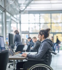 A disabled employee women in a wheelchair working with coworkers in an office.