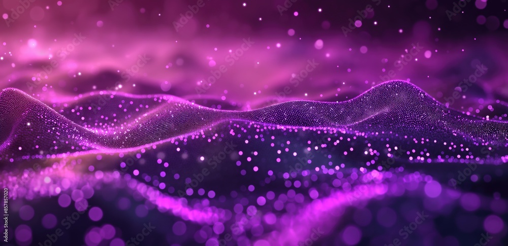 Poster abstract neon purple wave background with glowing dots and bokeh effects.
