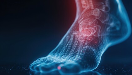 Digital medical illustration of foot anatomy highlighting bones and joints. Perfect for healthcare, anatomy, and medical research concepts.