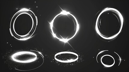 Sparkly circle light effect with a starlight trail over a shimmering silver modern border stroke. Luxury circular dust particle design set.
