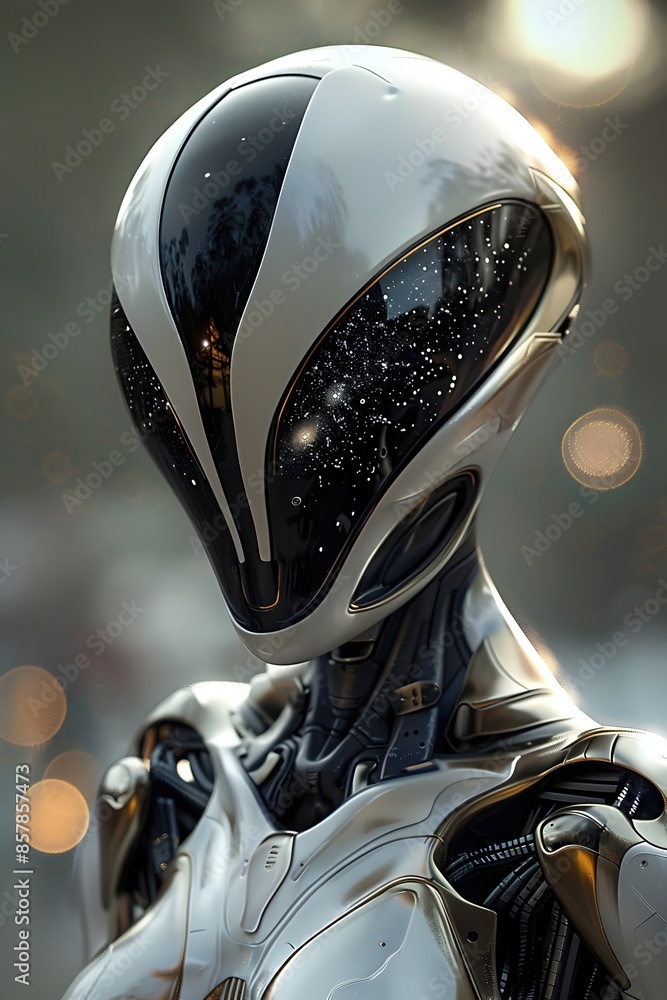 Sticker Majestic Alien Humanoid in Sleek Cosmic Armor,Commanding Presence of Extraterrestrial Might