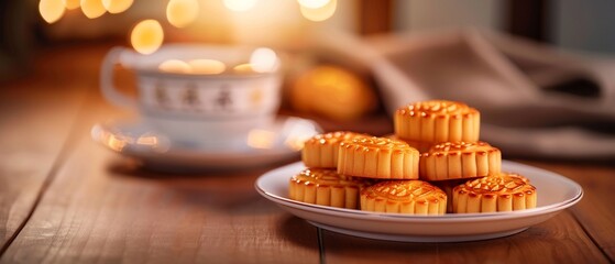 Closeup of beautifully decorated mooncakes with intricate designs, placed on a table with a pot of tea, capturing the tradition of mooncake sharing