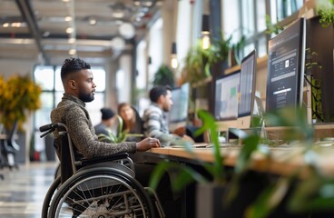 A disabled employee man in a wheelchair working with coworkers in an office.