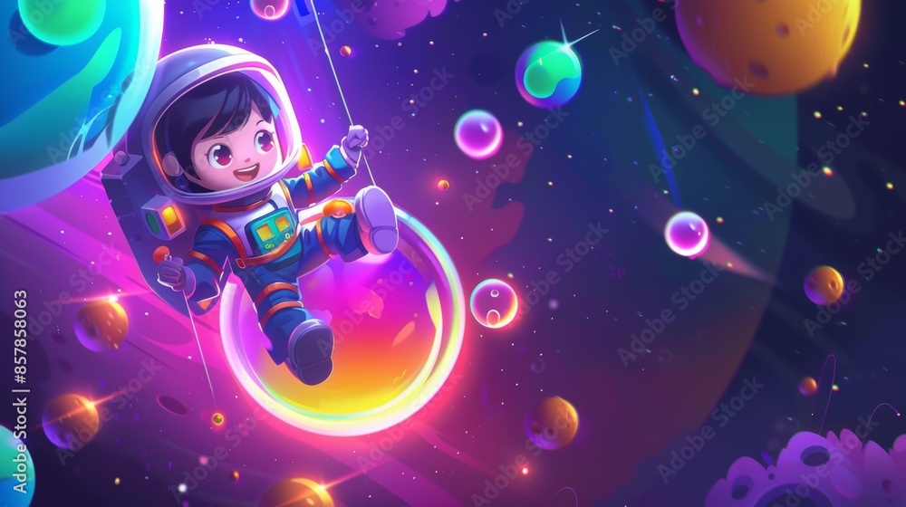 Poster illustration of a level map with a kid astronaut on a rocket in space. progress bar with boy child c