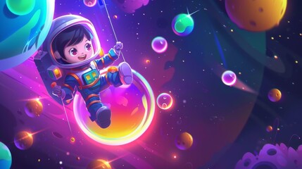 Illustration of a level map with a kid astronaut on a rocket in space. Progress bar with boy child character on spaceship exploring the outer cosmos on a UI screen for an adventure arcade mobile