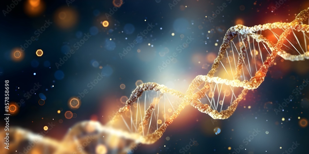 Poster closeup of dna replication with new strands emerging against swirling particle clouds. concept molec