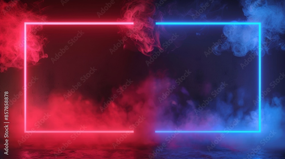 Poster modern realistic illustration of rectangle frame portals surrounded by color mist clouds. magic gate