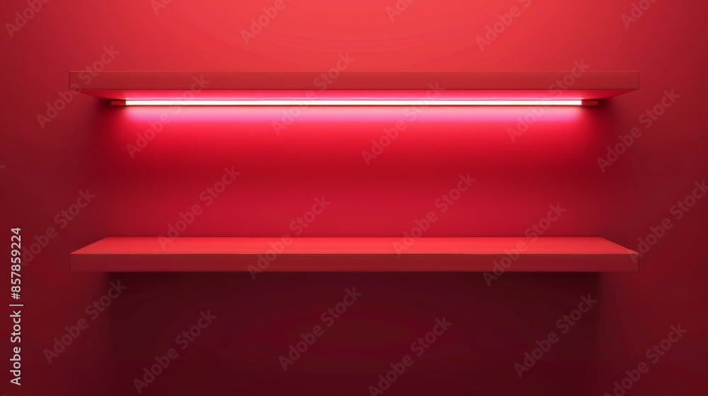 Poster an empty platform with highlight is presented on a red wall background with a shelf and a long lamp 
