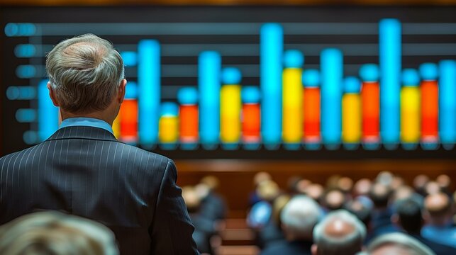 Business Meeting with Data Visualization, Executive Standing in Front of Analytical Dashboard