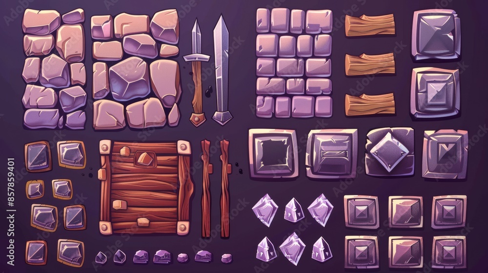Poster a game stone frame, a bar, ui scrolls, a board with antique parchments and menu buttons. cartoon int