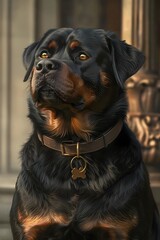 Fototapeta premium Powerful Rottweiler on Tranquil Suburban Porch,Luminous Oil Painting in Romantic Realism Style
