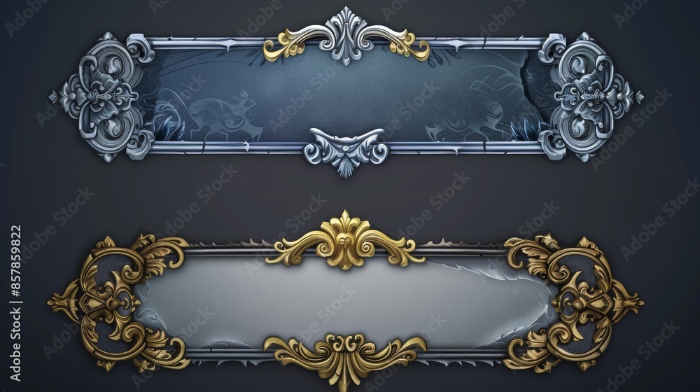 Aufkleber set of flat rectangle frames with gold and silver borders, leaves, and gems isolated on white backgr