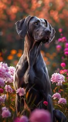 Regal Great Dane Sitting in Lush Flower Garden with Delicate Petals Drifting