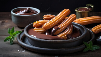 츄러스, Churros, 스페인 디저트, Spanish dessert, 달콤한, Sweet, 후라이드, Fried, 튀김, Deep-fried, 소스, Sauce, 초콜릿, Chocolate, 시나몬, Cinnamon, 가루 설탕, Powdered sugar, 크리스피, Crispy,