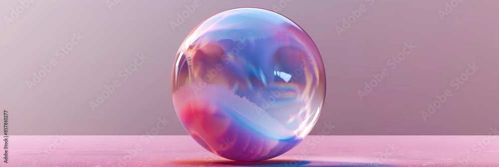 Poster pink soap ball with realistic rainbow bubble on transparent background. abstract iridescent liquid s
