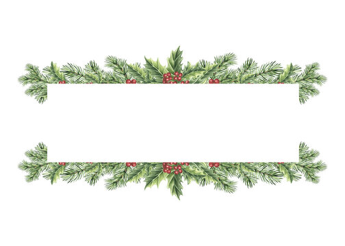 Pine tree branch with holly in vintage. Spruce Fir twigs green. Hand drawn watercolor illustration isolated. Christmas frame. Winter plant for New Year design. Template for invitation, print, card.