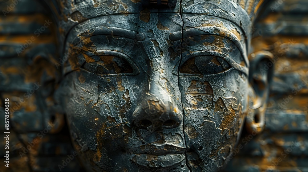 Poster Weathered Stone Carving of Mysterious Egyptian Deity with Dramatic Lighting and Expressive Brushstrokes