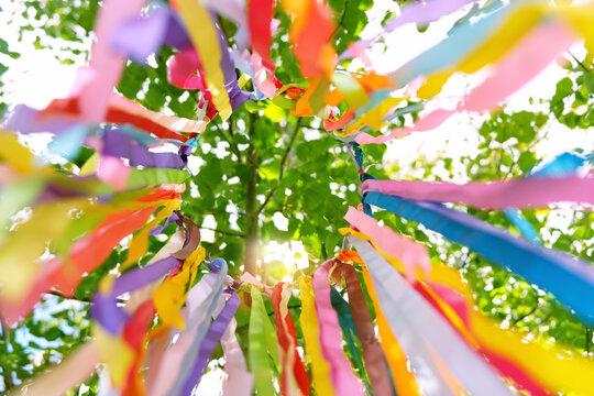 colorful ribbons hanging on tree, abstract natural background. bottom-up view. decor, symbol of Midsummer, Beltane or Litha sabbat, Wiccan Celtic Holiday. witchcraft, magic ritual.