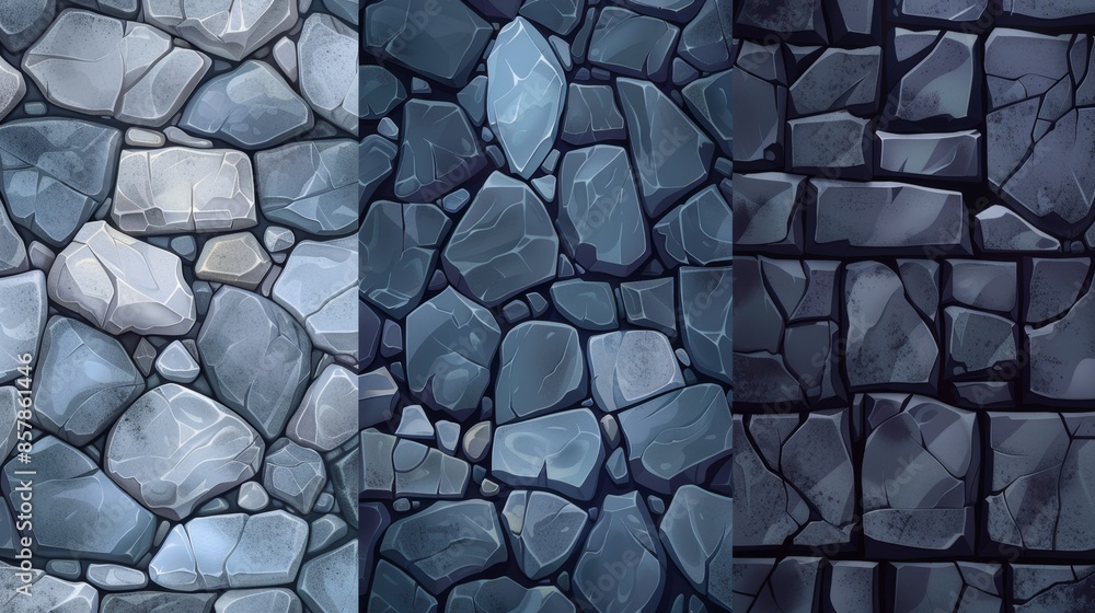 Poster game background textures of stone floor and wall. modern cartoon seamless patterns of cobblestones a