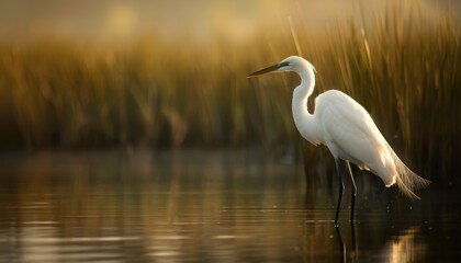 Fototapeta premium Serene scene of a white heron standing in calm water with tall grasses in the background during golden hour.
