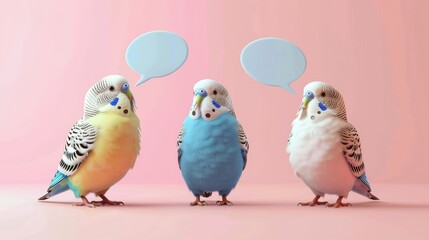 Naklejka premium Modern cartoon illustration of exotic feathered mascot sitting on tree branch, standing, lying with speech bubbles. Cartoon illustration of a comic parrot birds set on a blue background.