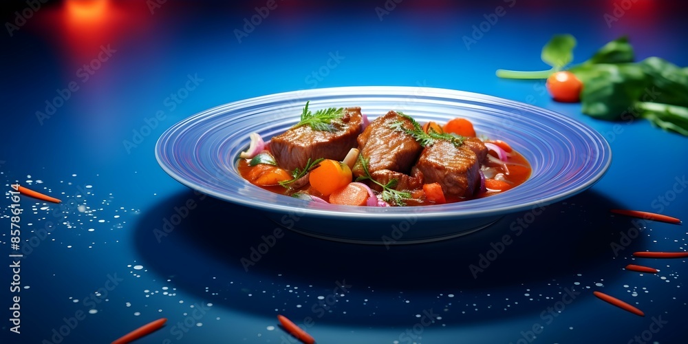 Wall mural French veal stew on round blue plate with abstract design. Concept Food Photography, Fine Dining Presentation, Gourmet Cuisine, Artistic Plate Arrangement - Wall murals