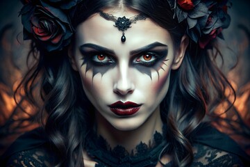 Obraz premium Gothic woman with intense makeup, Halloween dark mood
