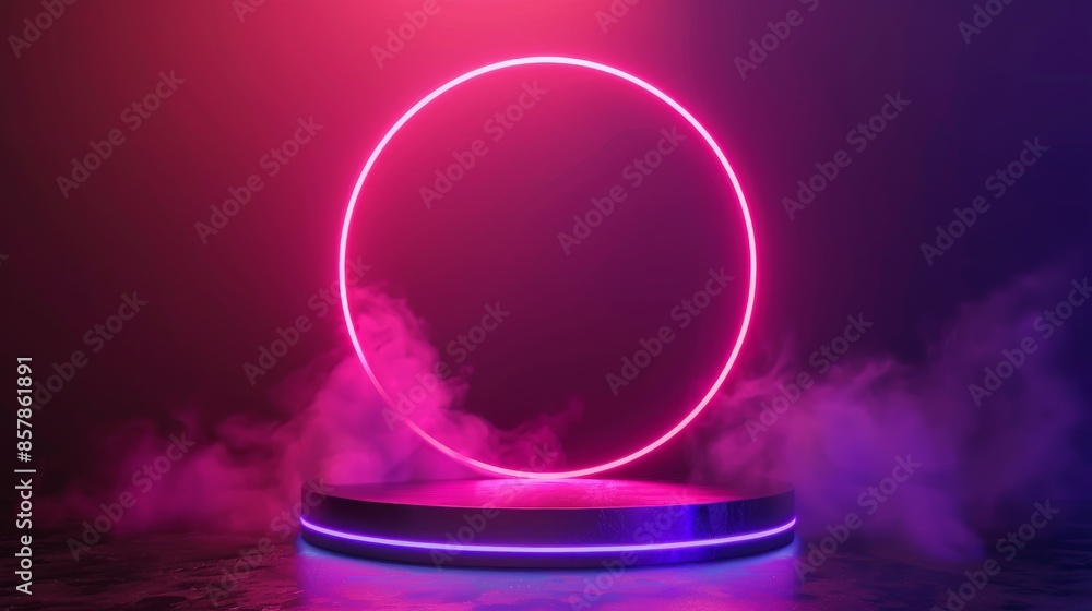 Poster glow game platform with digital led effect. hologram abstract background with round stand. realistic