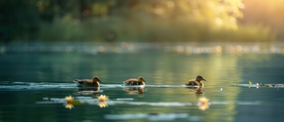 Ducks swimming in a peaceful pond at sunset.