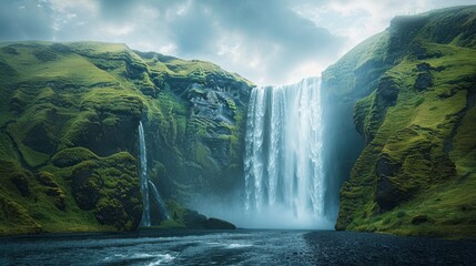 A picturesque backdrop of  gafoss waterfall and Vatna  glacier in Iceland, with cascading water, vast icy landscapes, lush green surroundings, and a dramatic sky, perfect for a breathtaking