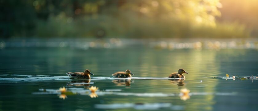 Ducks swimming in a peaceful pond at sunset.