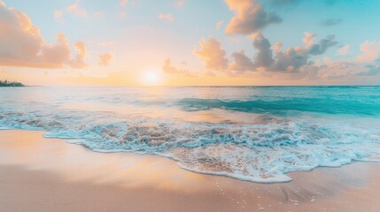 Fototapeta premium Beautiful golden sand beach with sunlight and wave in sunset time