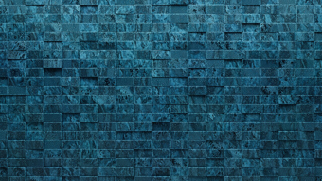 Rectangular Tiles arranged to create a 3D wall. Textured, Blue Patina Background formed from Polished blocks. 3D Render