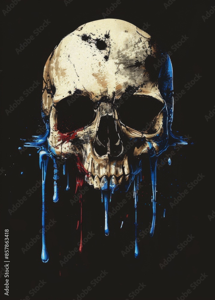 Wall mural a skull with blue and red paint dripping from it - Wall murals