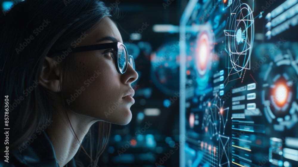 Poster using a digital screen in the office, a businesswoman uses ai to analyze data and generate virtual i