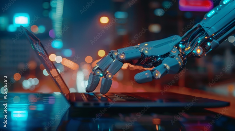 Poster this is the future of customer service: robot hands point to a laptop button with a chatbot advisor