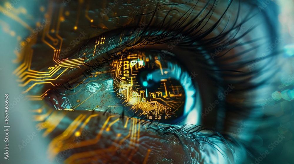 Poster a close-up view of a human eye in darkness illustrating data and robotics concept.
