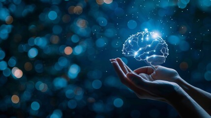 Floating hands above an illuminated human brain in an innovative mind concept