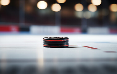 Close-up view black hockey puck 3d illustration, on the ice of hockey arena, sport game equipment