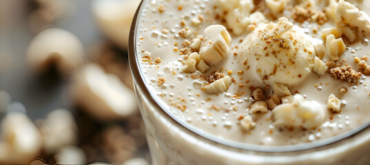 A close-up of a fast food vegan milkshake, showcasing the creamy texture and toppings