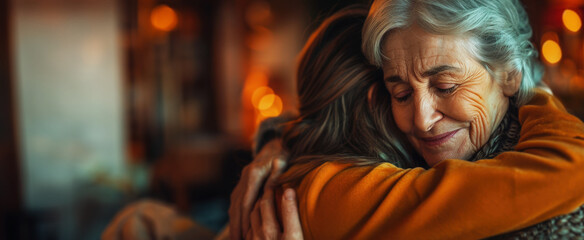 Fototapeta premium elderly woman hugging her daughter, showing love and care in their embrace. The setting is warm with soft lighting, creating an atmosphere of family connection and laughter. With copy space