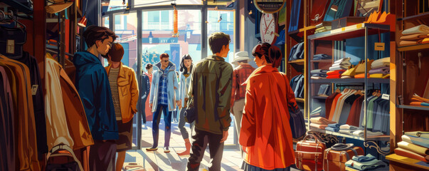 Obraz premium A group of people shopping at a vintage clothing store, searching for hidden treasures.