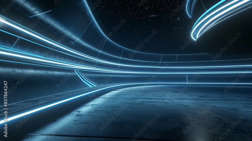 Poster this 3d rendering shows a curved tunnel with led lights on the ceiling and reflections from puddles 