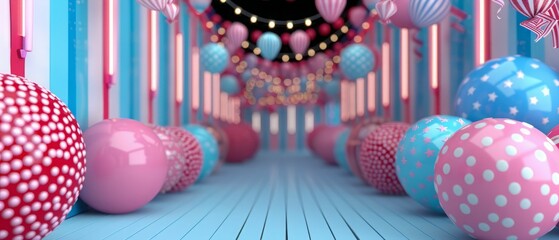 Obraz premium Colorful Balloons and Lights in a Festive Corridor.