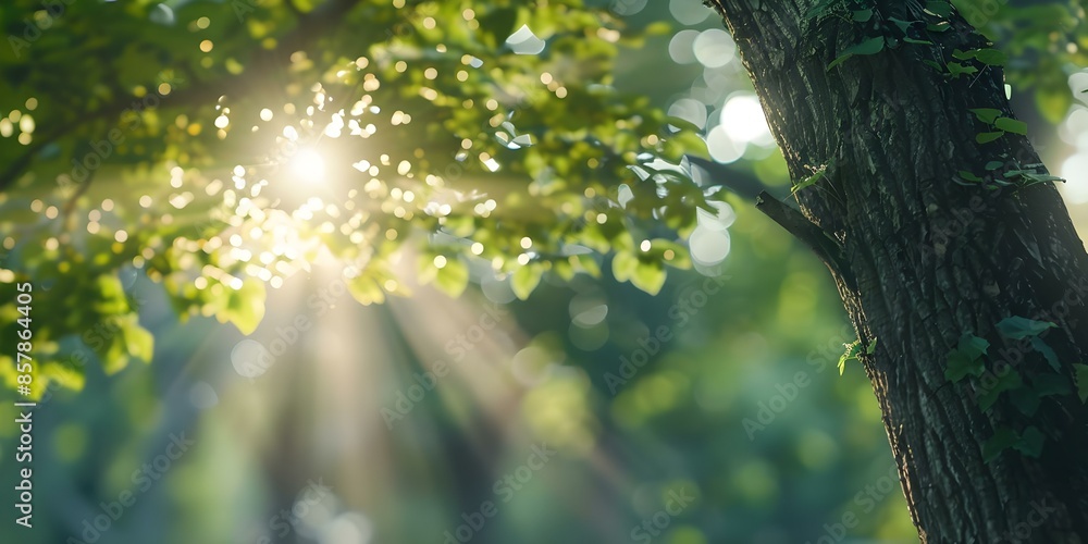 Poster creating a dreamy ethereal atmosphere with bokeh effect as sunlight filters through trees. concept e