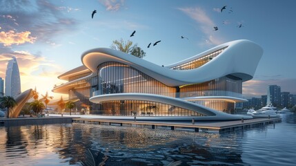 Naklejka premium An architect creates a futuristic floating building using augmented reality
