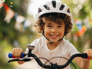 Obraz premium Happy little boy riding a bike wearing a helmet.