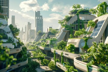 Fototapeta premium Integrated solar panels with natural plants, eco-technology, modern clean environment with stock artificial intelligence.